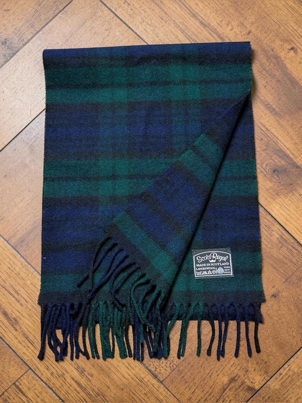 Scots Regal Vintage Wool Scarf Navy Blue & Green Plaid Tartan Scotland Lambswool